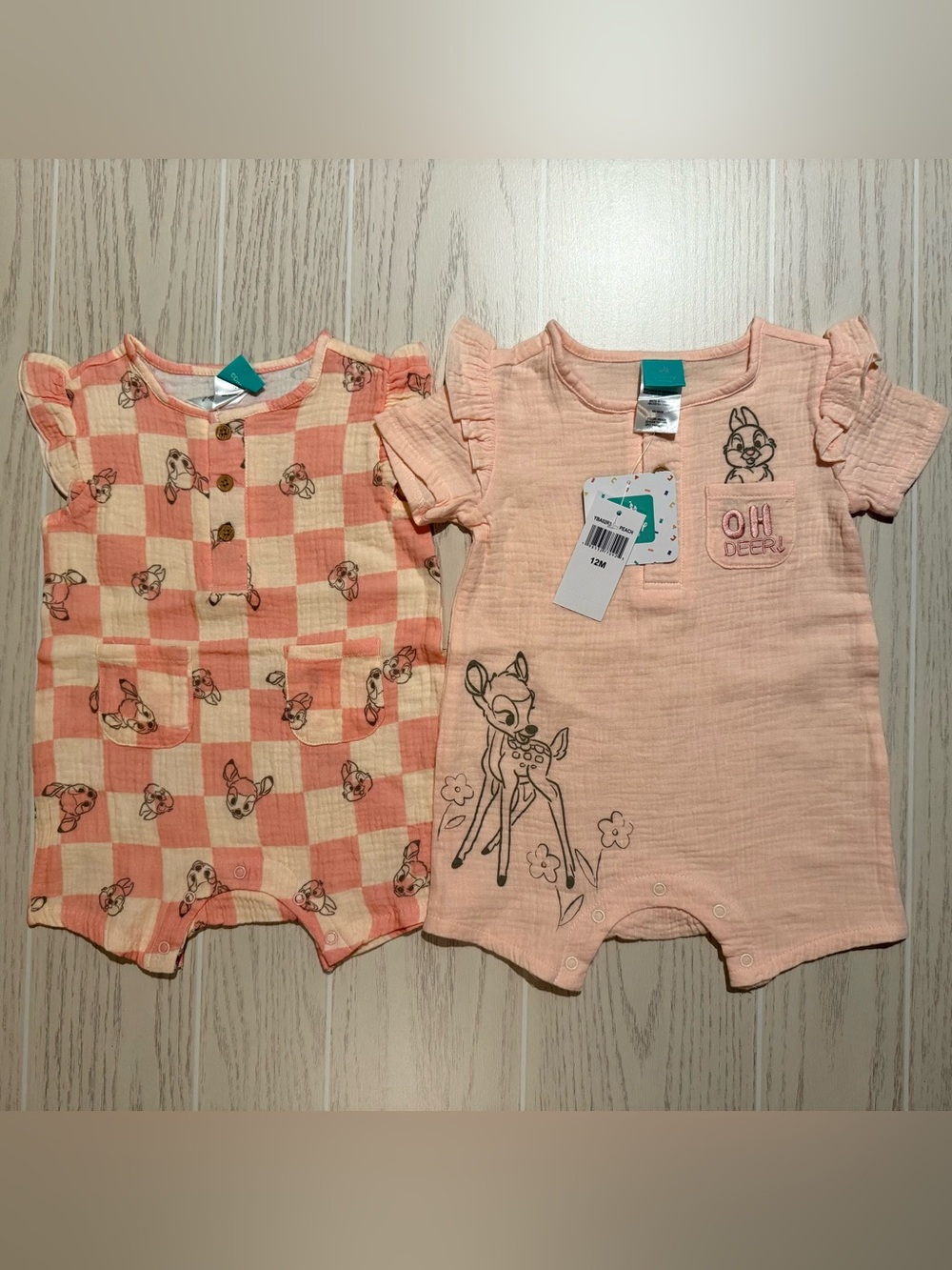 Disney Baby Bambi Thumper 2 Piece Romper‎ Bundle 12M Cotton Muslin NWT